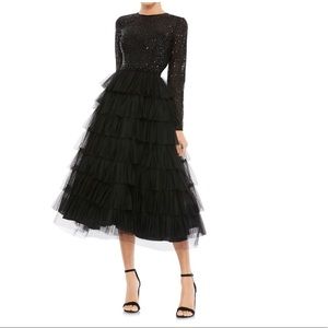 Mac Duggal Black Sequin Tiered Long Sleeve Tulle Dress New With Tag
